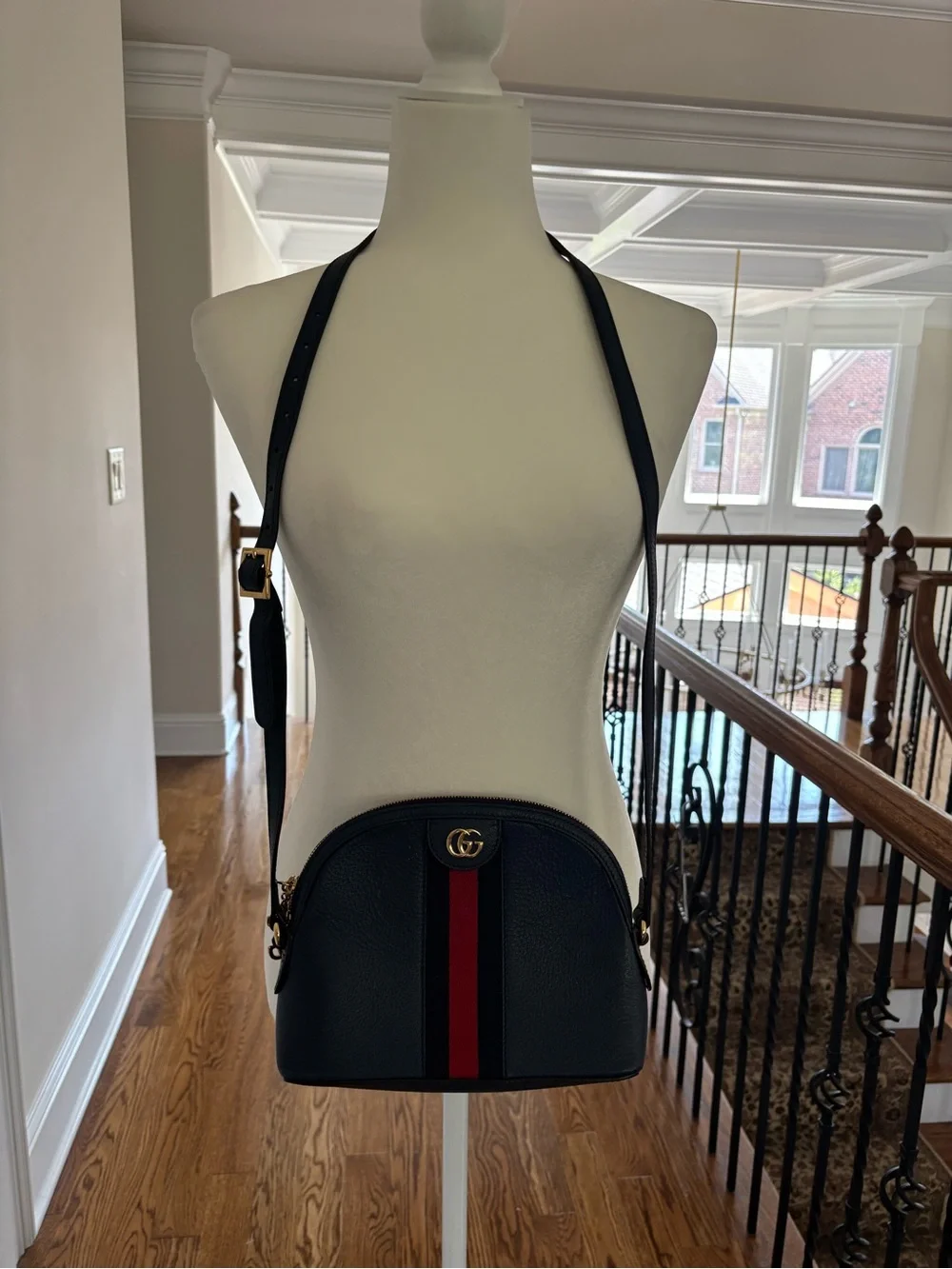 Gucci Black Leather Messenger Bag with Red and Green Web Stripe